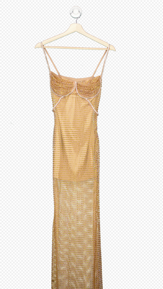 Self-Portrait Tan Hotfix Fishnet Maxi Dress UK 4