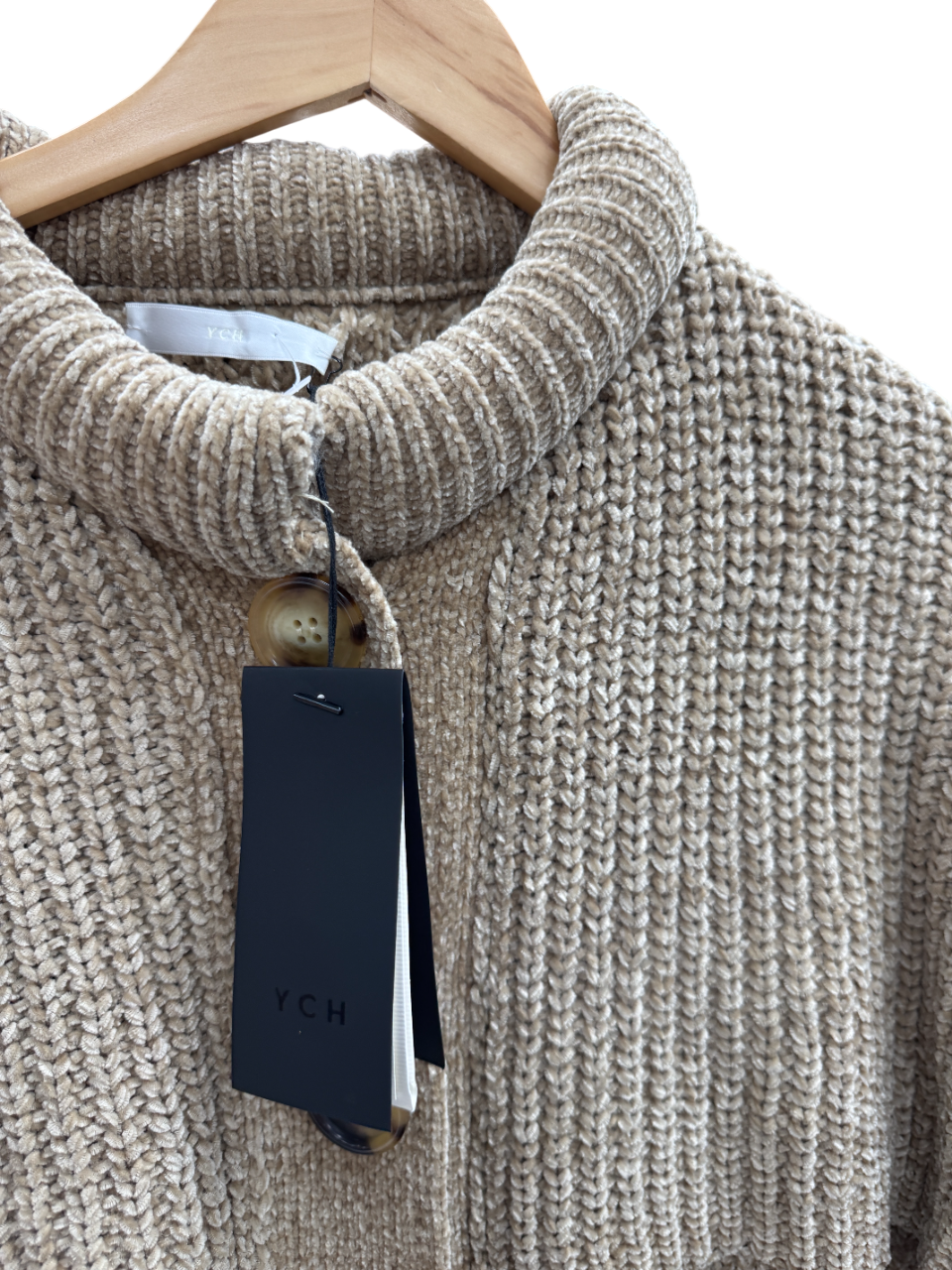 YCH Buttoned Cable-knit Cape Beige Chenille Coatigan UK M