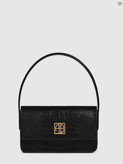 Anine Bing Black/Gold logo Croc-Embossed Leather Ellie Handbag