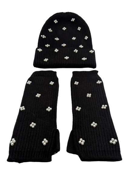 Pieces Black Pearl Beanie Hat And Arm Warmers One Size
