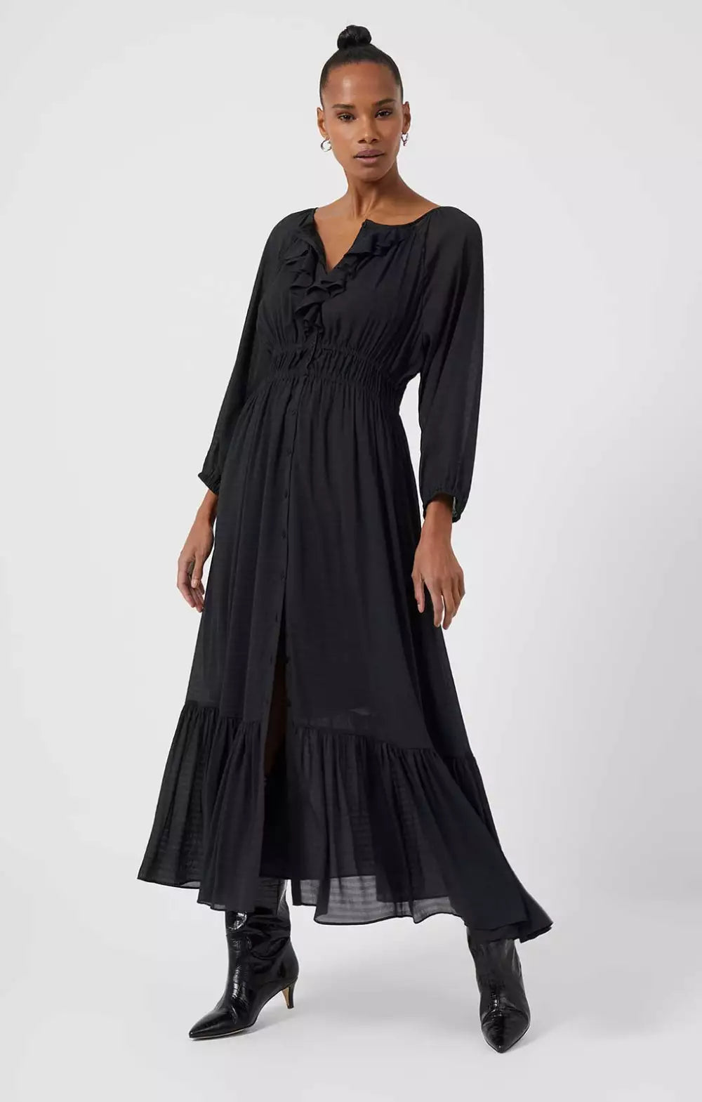 French Connection Black Anna Cora Pleated Button Down Maxi Dress UK XS
