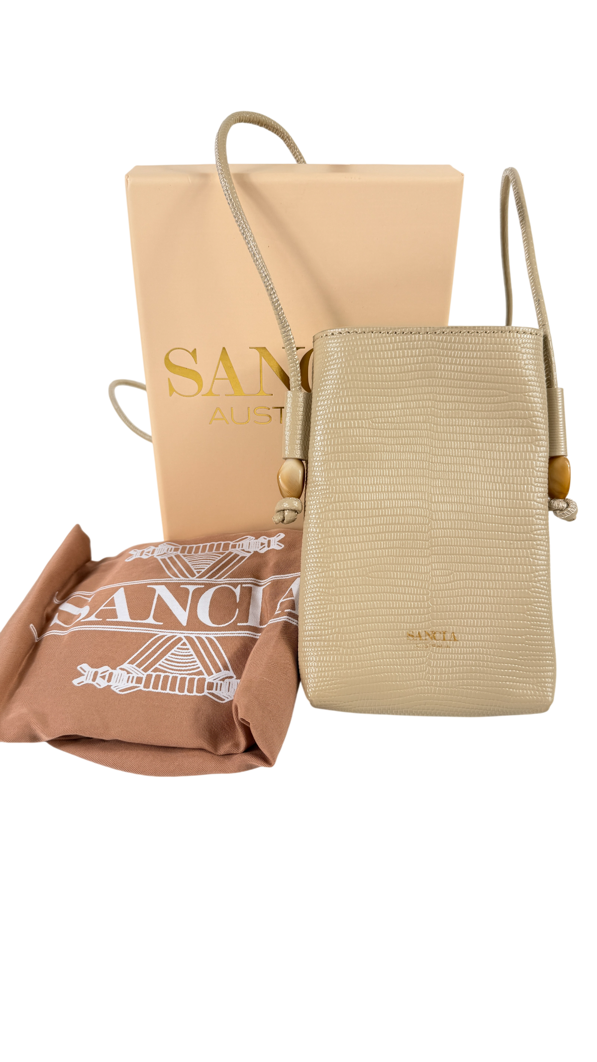 Sancia The Alvide Bag Beige Textured Crossbody Phone Bag