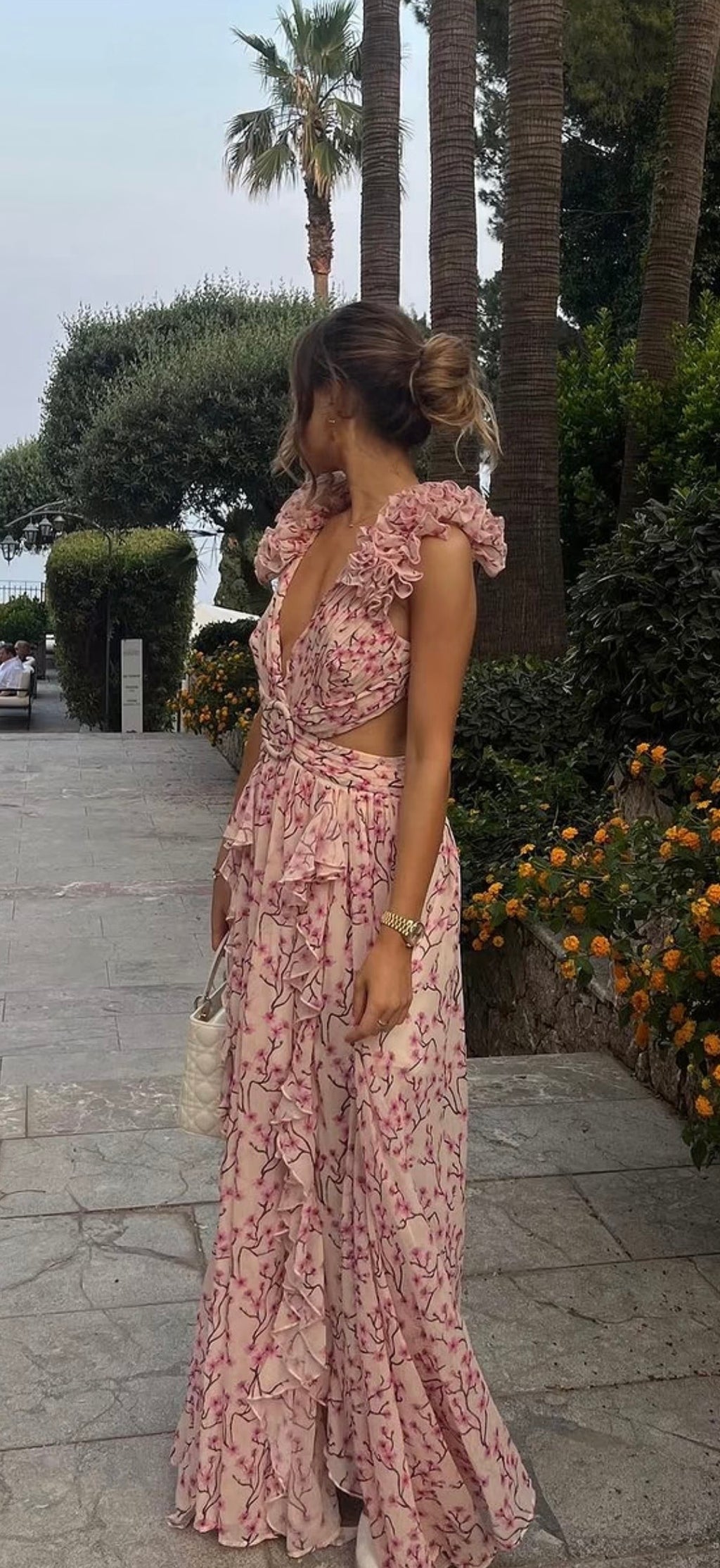 ALB Anne Louie Boutique Cream / Pink Cassini Cut Out Floral Maxi Dress UK 8