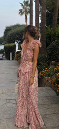 ALB Anne Louie Boutique Cream / Pink Cassini Cut Out Floral Maxi Dress UK 8