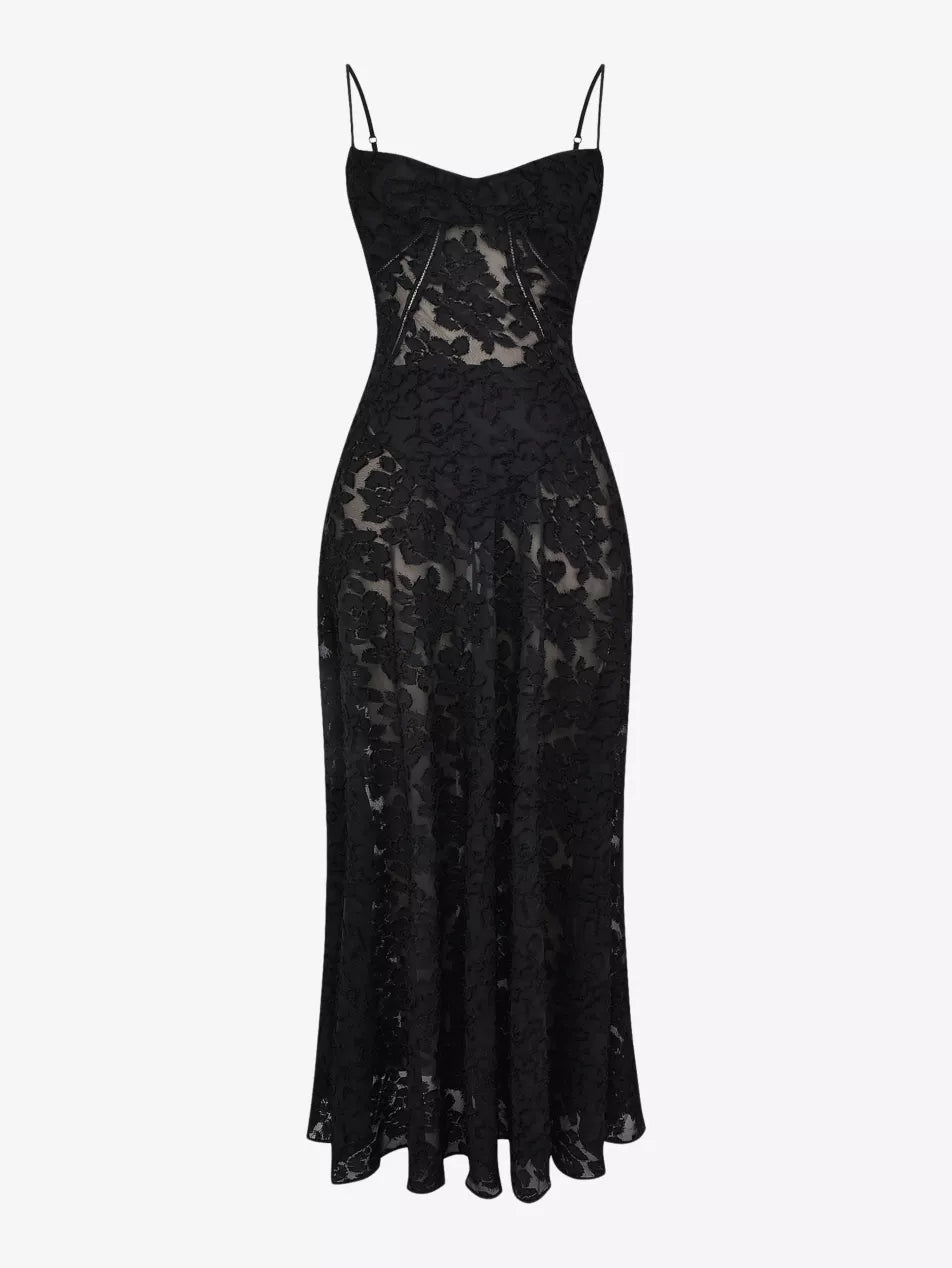 House of CB Black Seren Corseted Floral-jacquard Woven Maxi Dress UK S