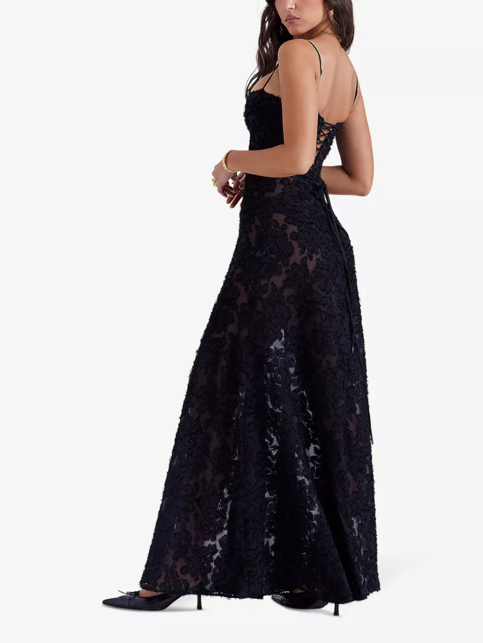 House of CB Black Seren Corseted Floral-jacquard Woven Maxi Dress UK S