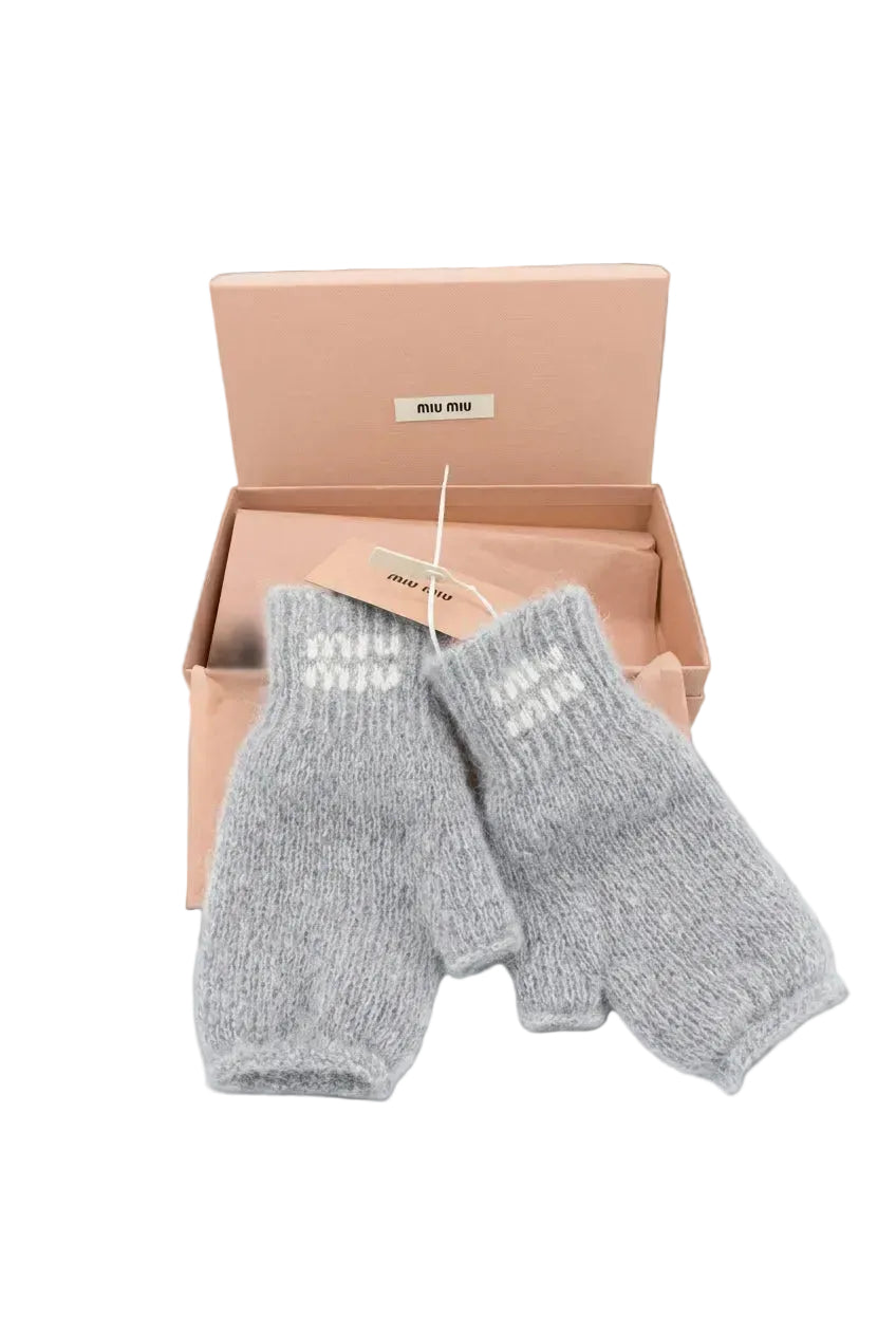 Miu Miu Mohair/Wool Fingerless Intarsia Logo Gloves Grey  UK M