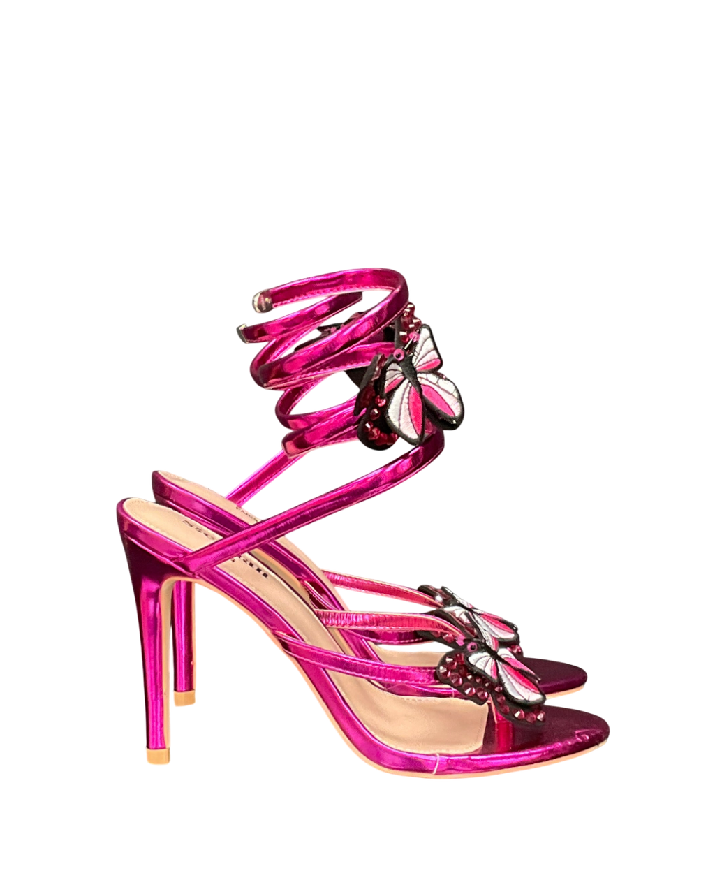 Ego Raddix Butterfly Detail Strap Around Strap Stiletto Heel In Pink Metallic Faux Leather UK 6 EU 39 👠