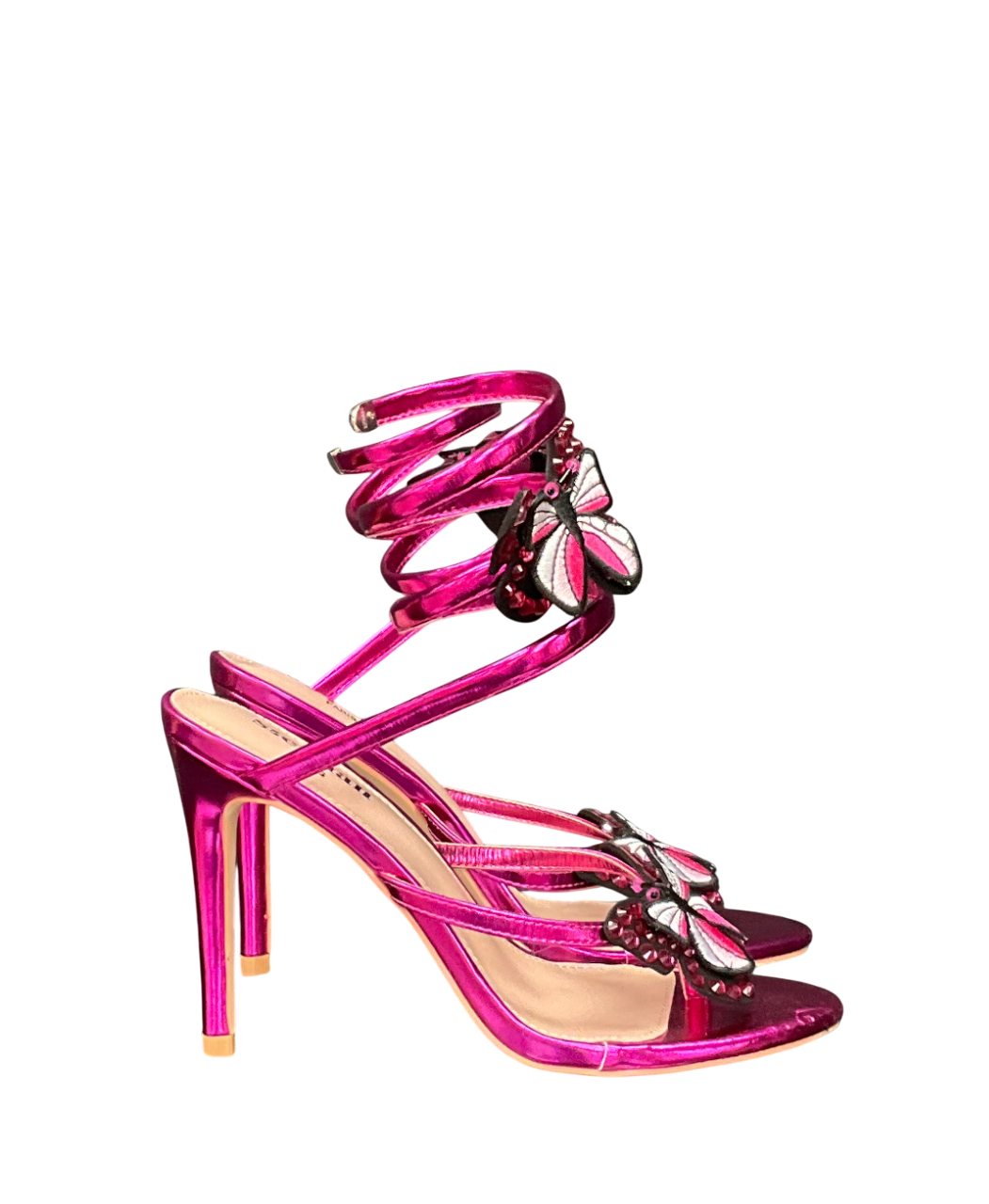 Ego Raddix Butterfly Detail Strap Around Strap Stiletto Heel In Pink Metallic Faux Leather UK 6 EU 39 👠