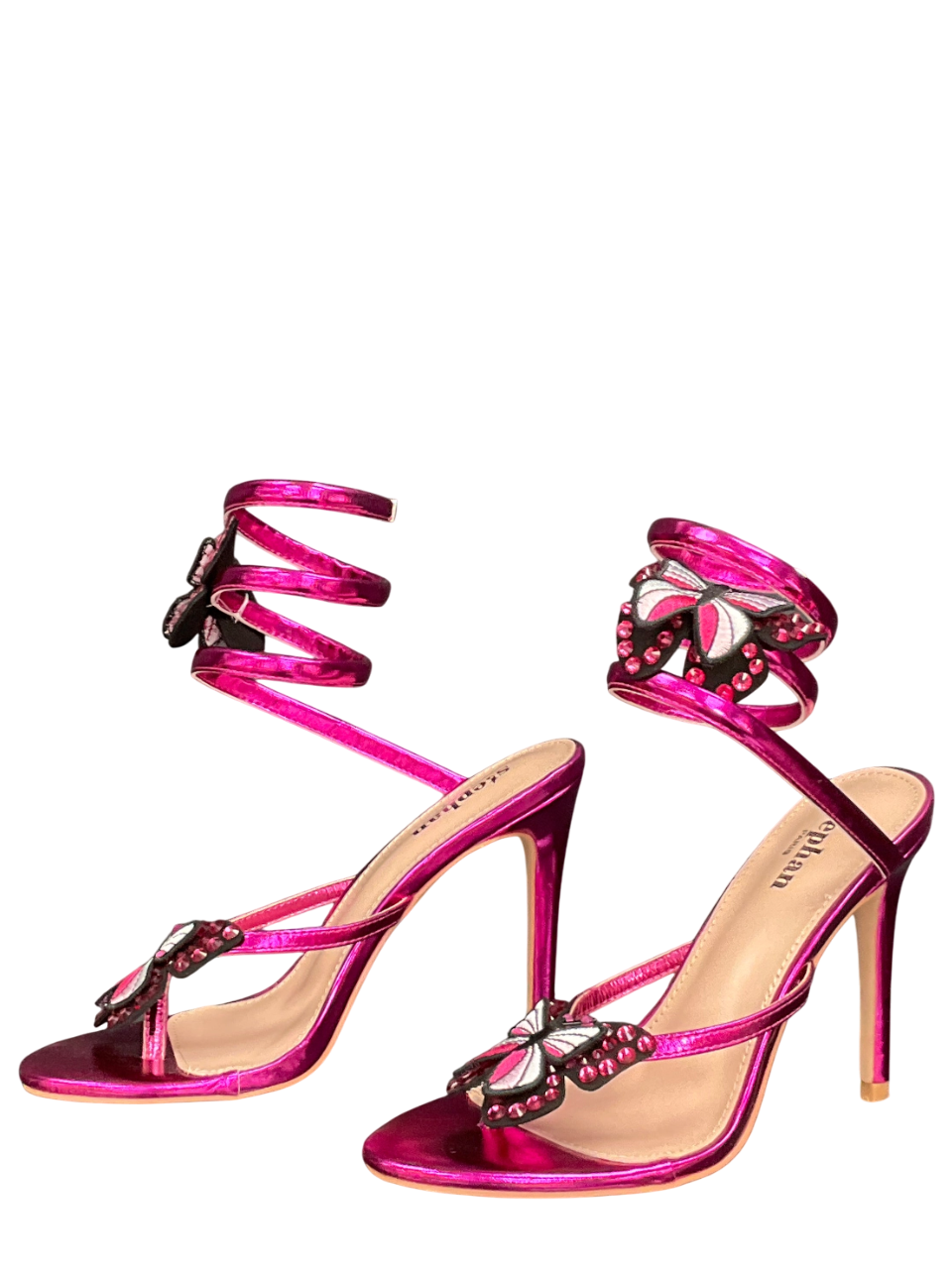 Ego Raddix Butterfly Detail Strap Around Strap Stiletto Heel In Pink Metallic Faux Leather UK 6 EU 39 👠