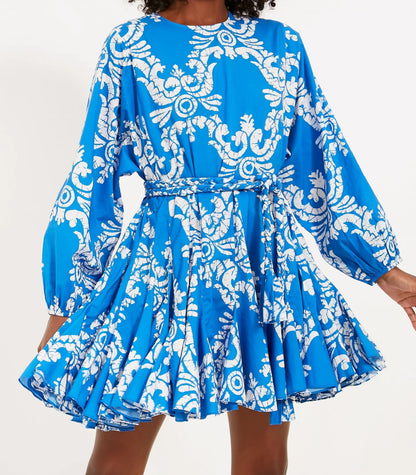 Rhode Resort Blue Ella Dress with braided belt - Batik Grid UK L