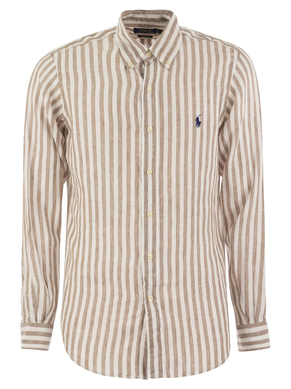 Polo Ralph Lauren Beige/Ivory 100% Linen Logo Embroidered Striped Shirt UK S