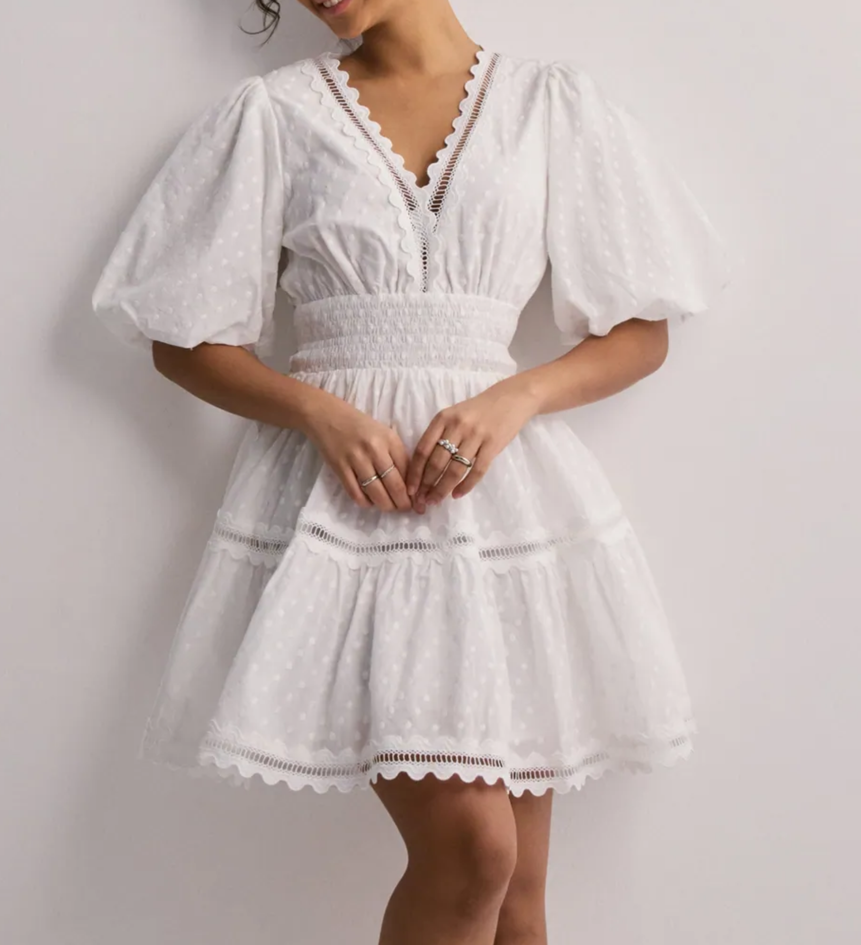 By Malina Elvira Cotton Dobby Spot Scalloped trim Mini Dress UK 8