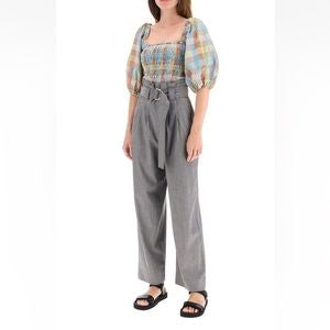 Ganni Grey belted high waist Paloma Melange Trousers UK 6