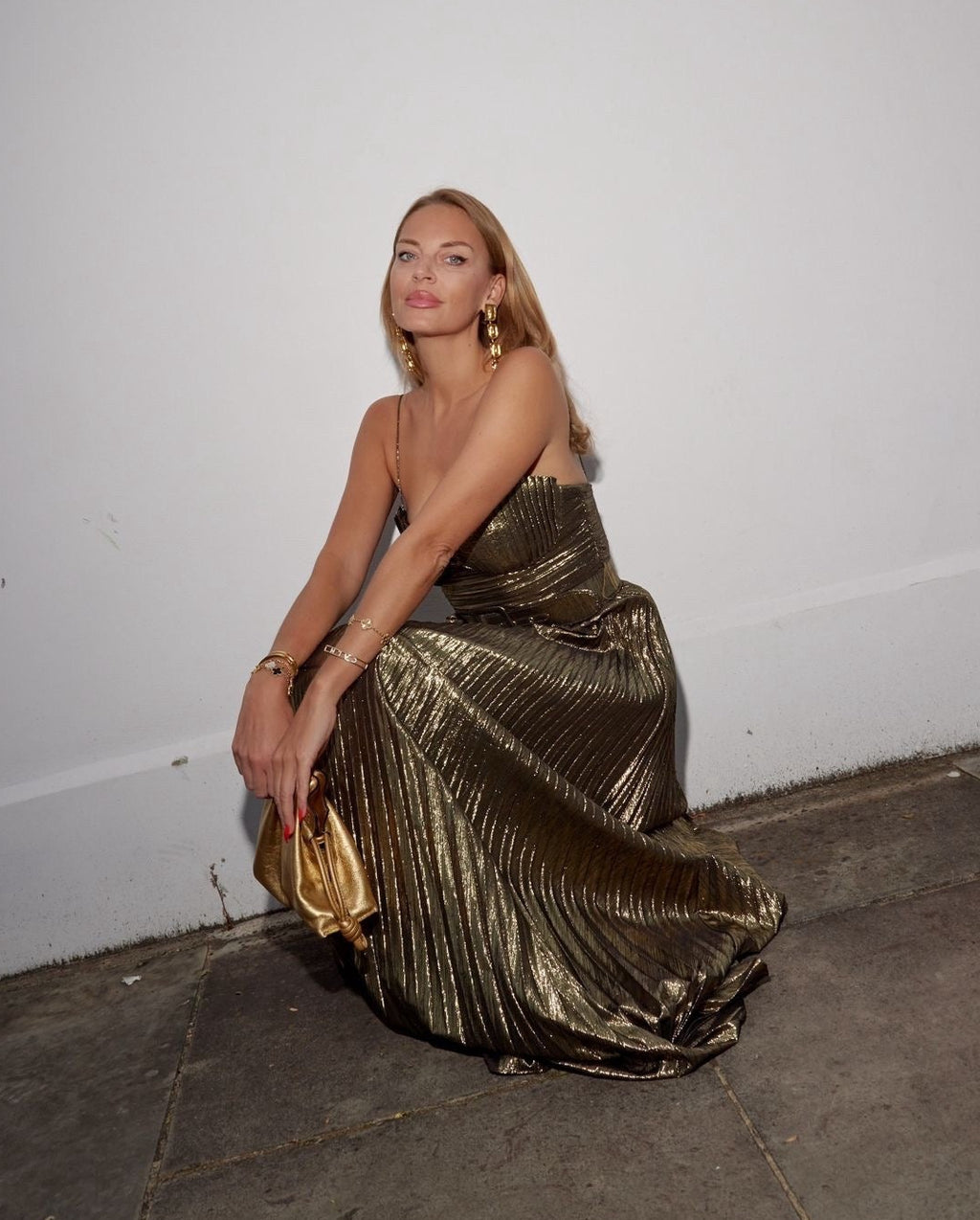 Rebecca Vallance Metallic Josie Gold Pleated Gown Maxi Dress UK 8