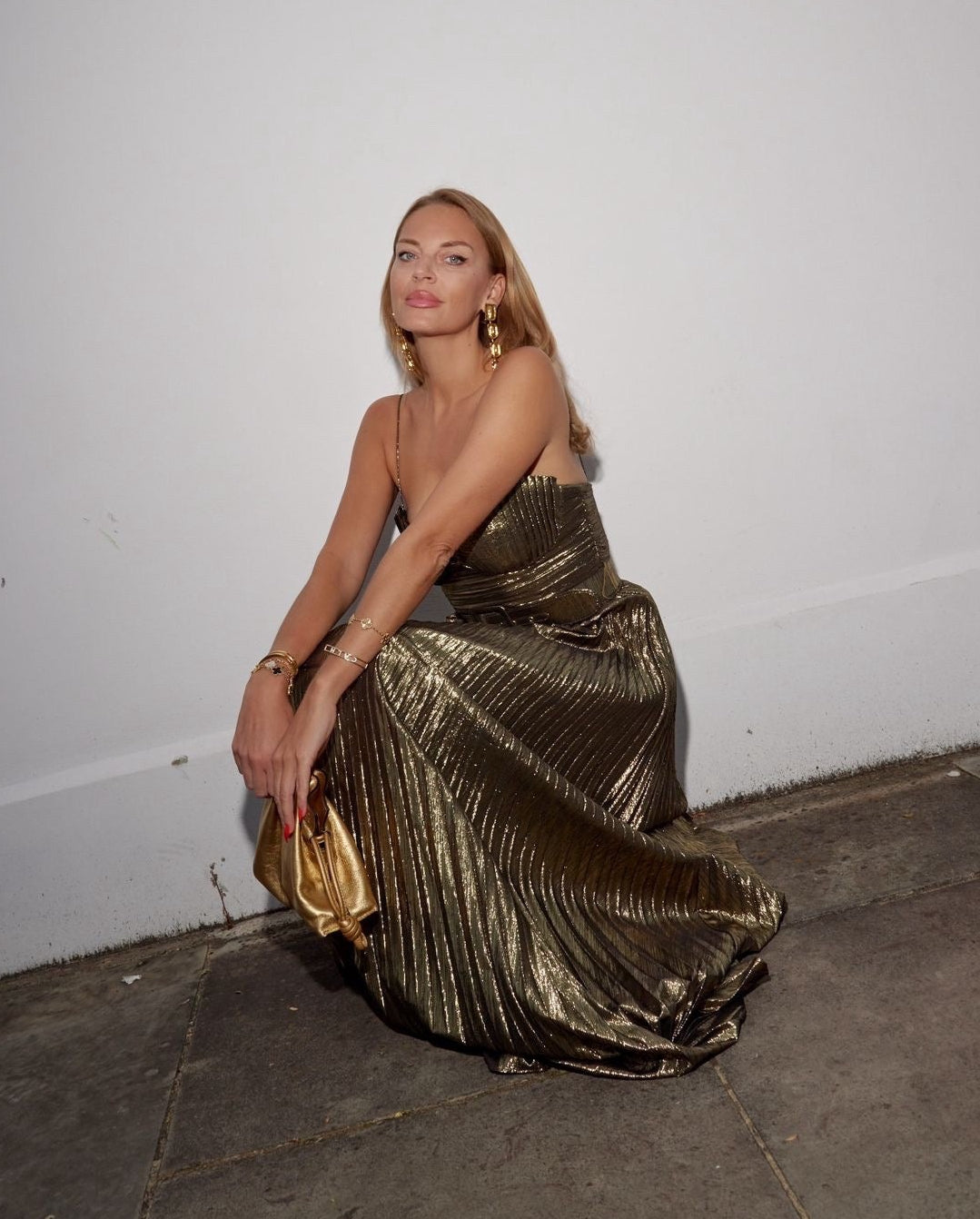 Rebecca Vallance Metallic Josie Gold Pleated Gown Maxi Dress UK 8