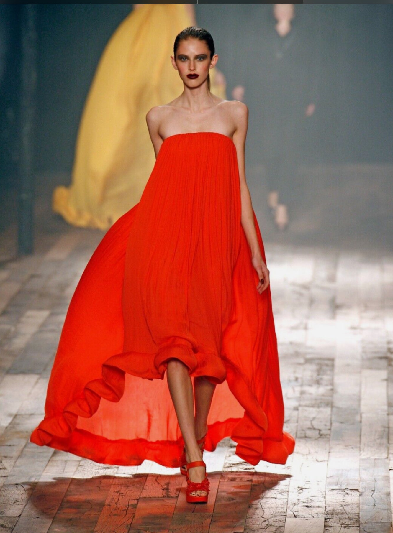 Lanvin Red Bustier Plisse 2008 Runway High Low Dress UK 8