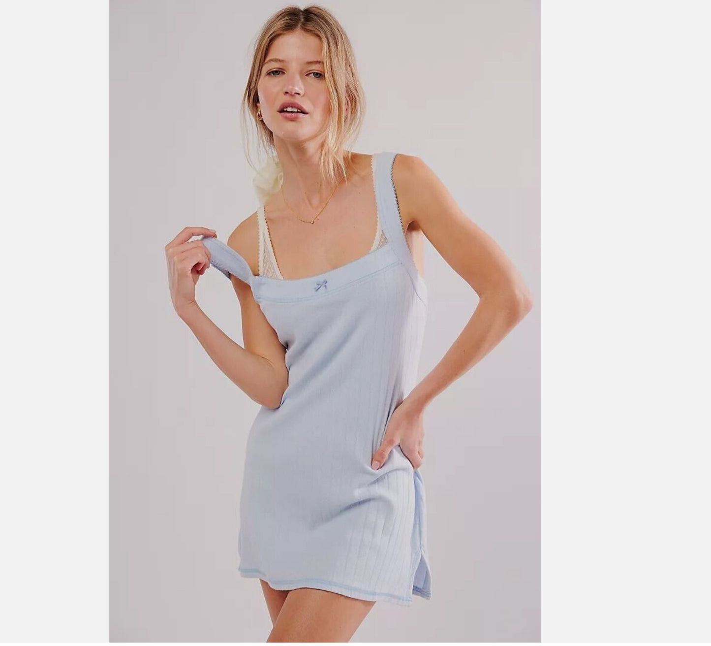 Free People Blue End game Pointelle Mini Dress UK M