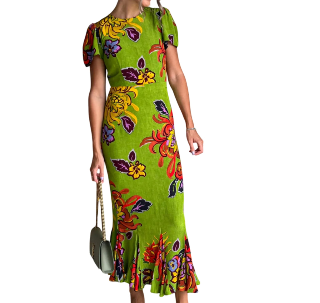 Rhode Resort Lulani Ruffle hem maxi Dress In Green Lanai UK 8
