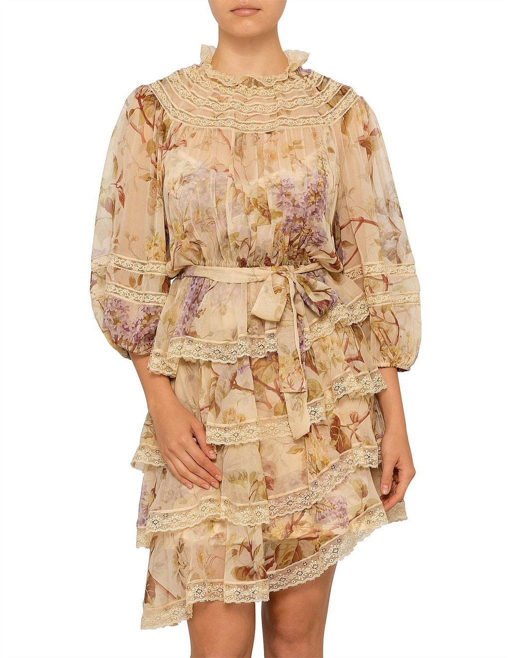 Zimmermann Beige Sabotage Tiered Lace Silk Mini Dress UK S