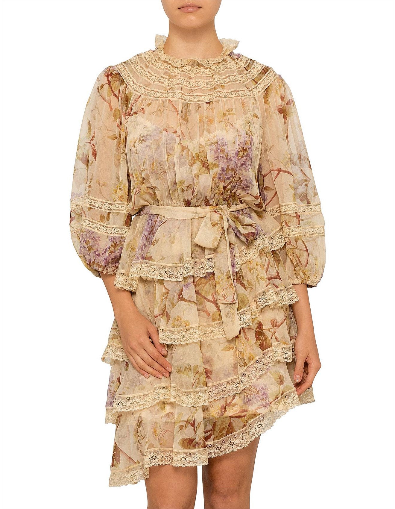 Zimmermann Beige Sabotage Tiered Lace Silk Mini Dress UK S