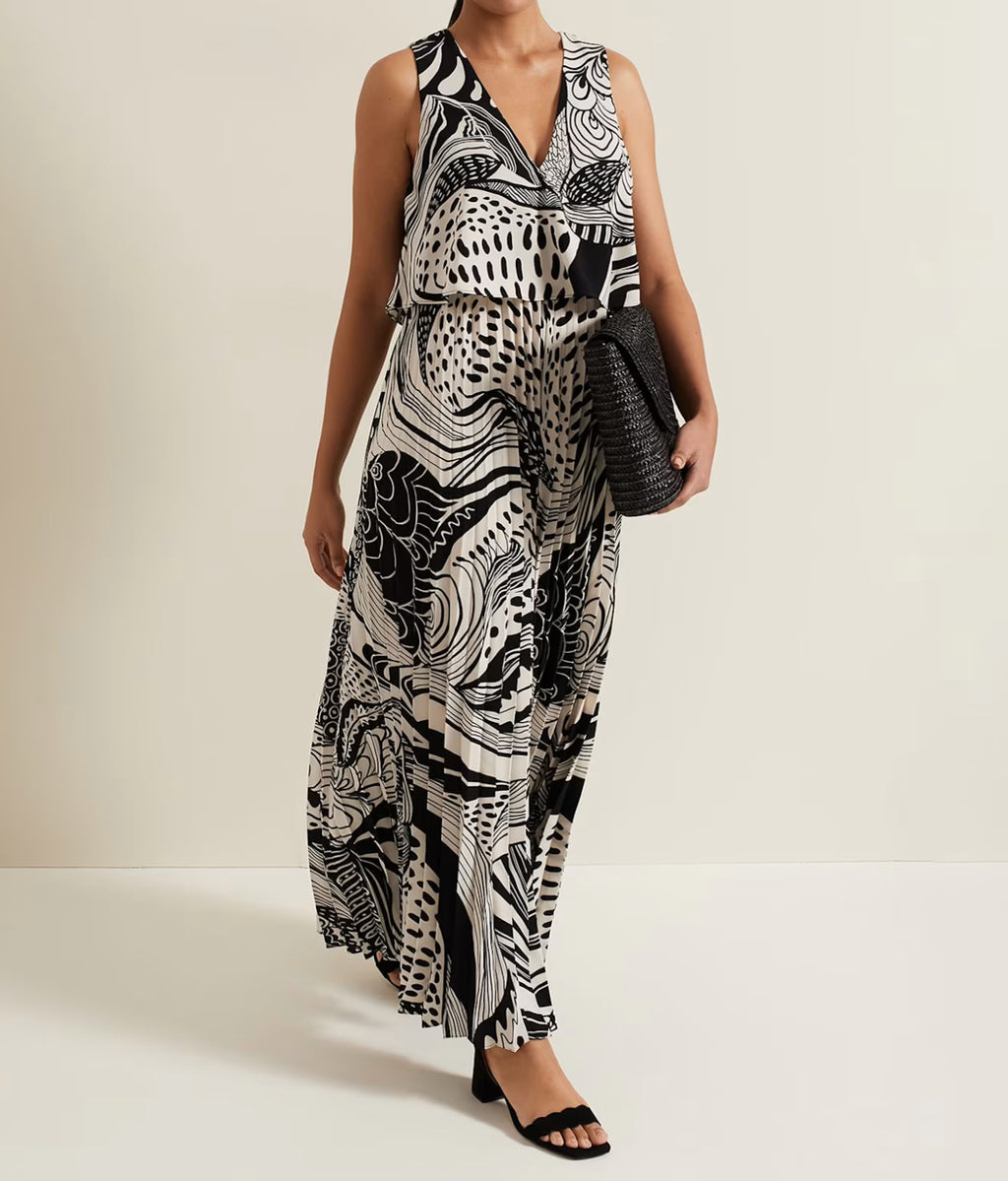 Phase Eight Saskia Pleated Wide Leg Jumpsuit, Black/cream UK 12