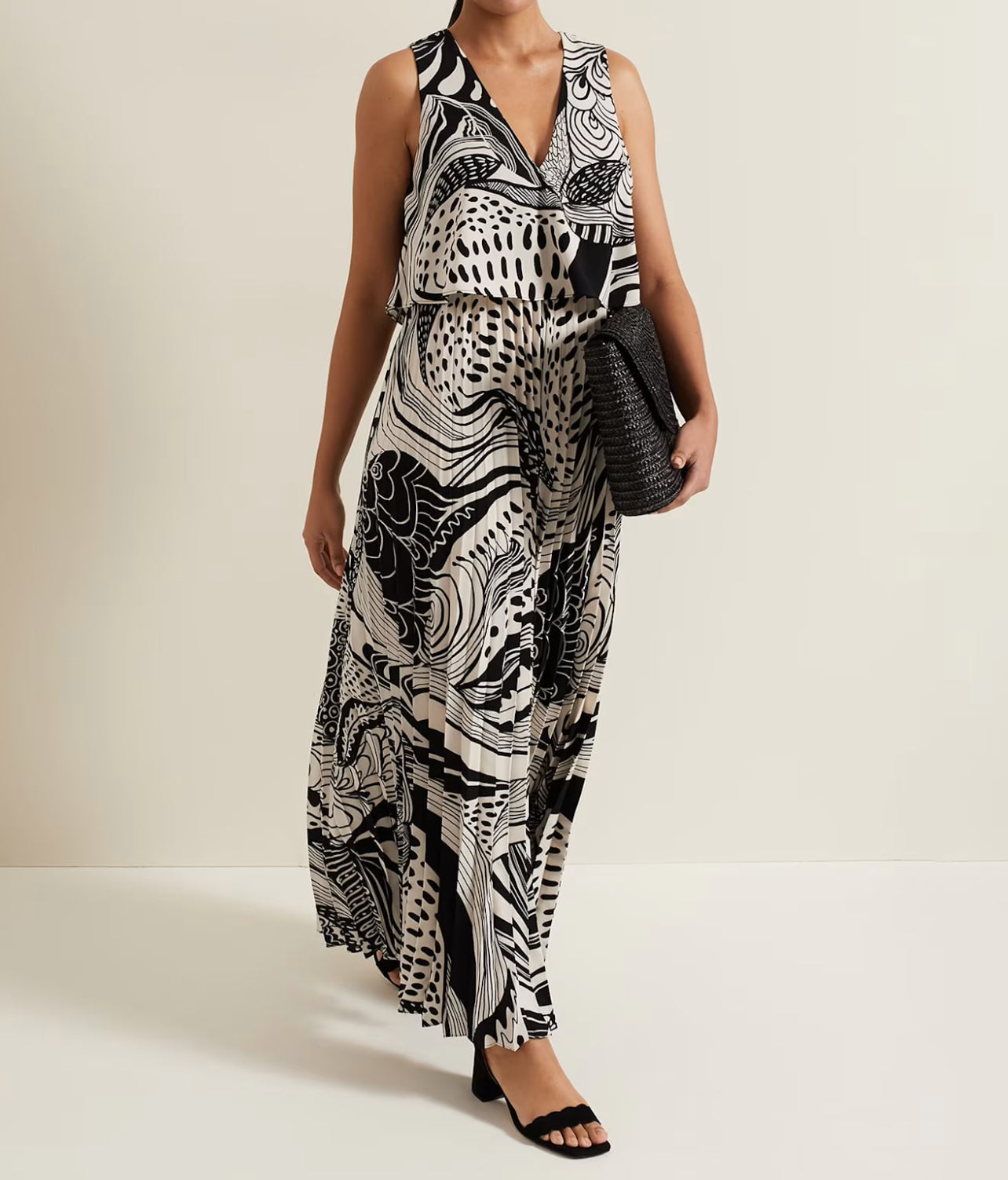 Phase Eight Saskia Pleated Wide Leg Jumpsuit, Black/cream UK 12