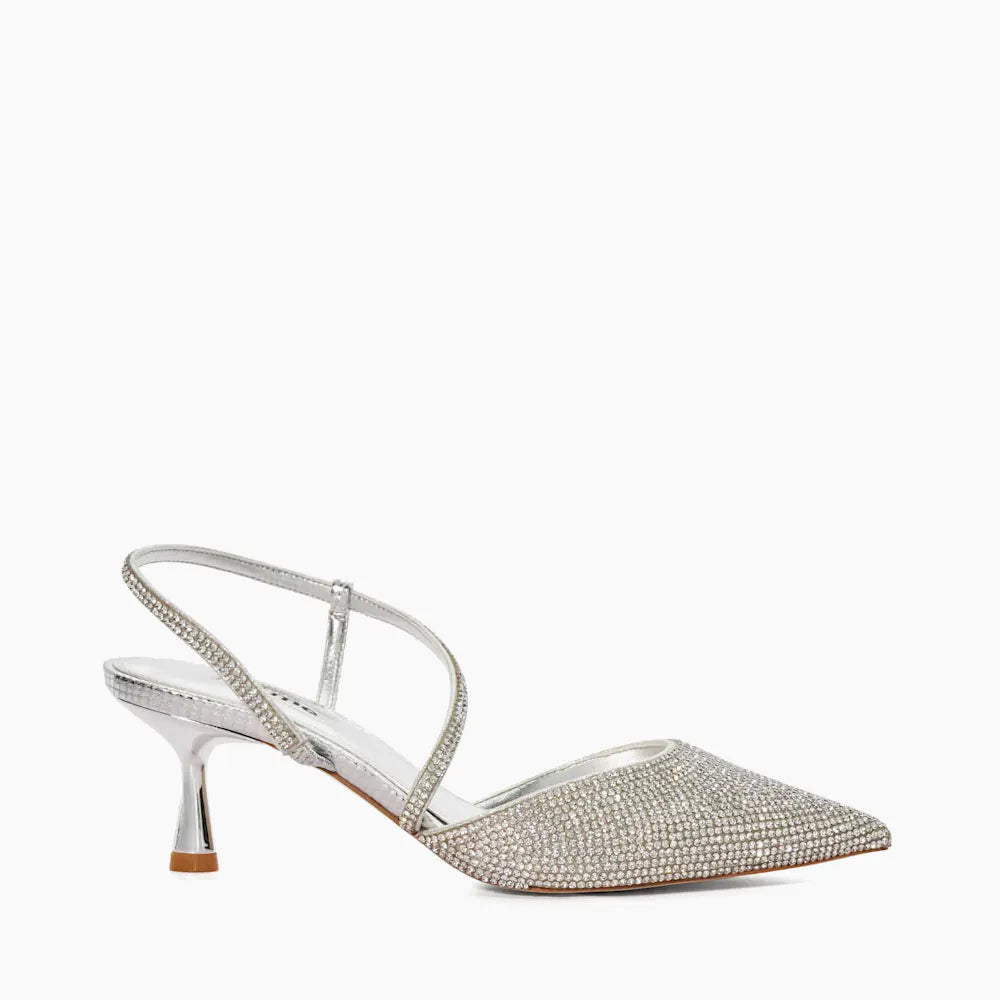 Dune Metallic Competitive - Silver Hotfix Kitten Heel Slingbacks UK 7 EU 40 👠
