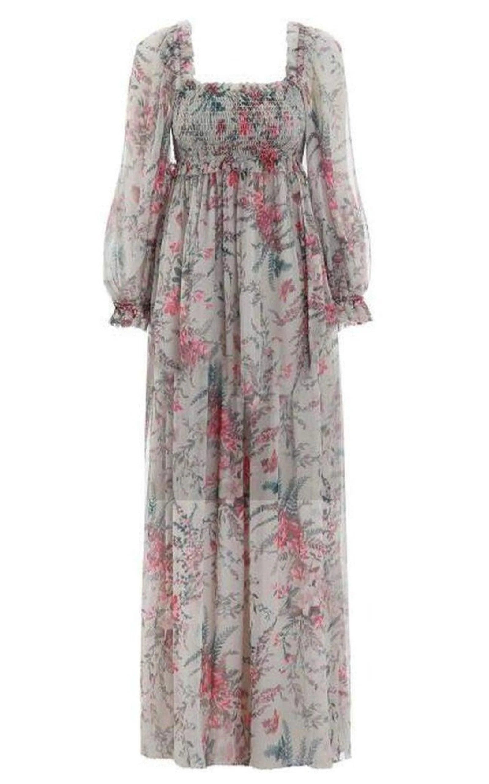 Zimmerman Bayou Shirred Floral Print Silk Floral Maxi Dress UK M