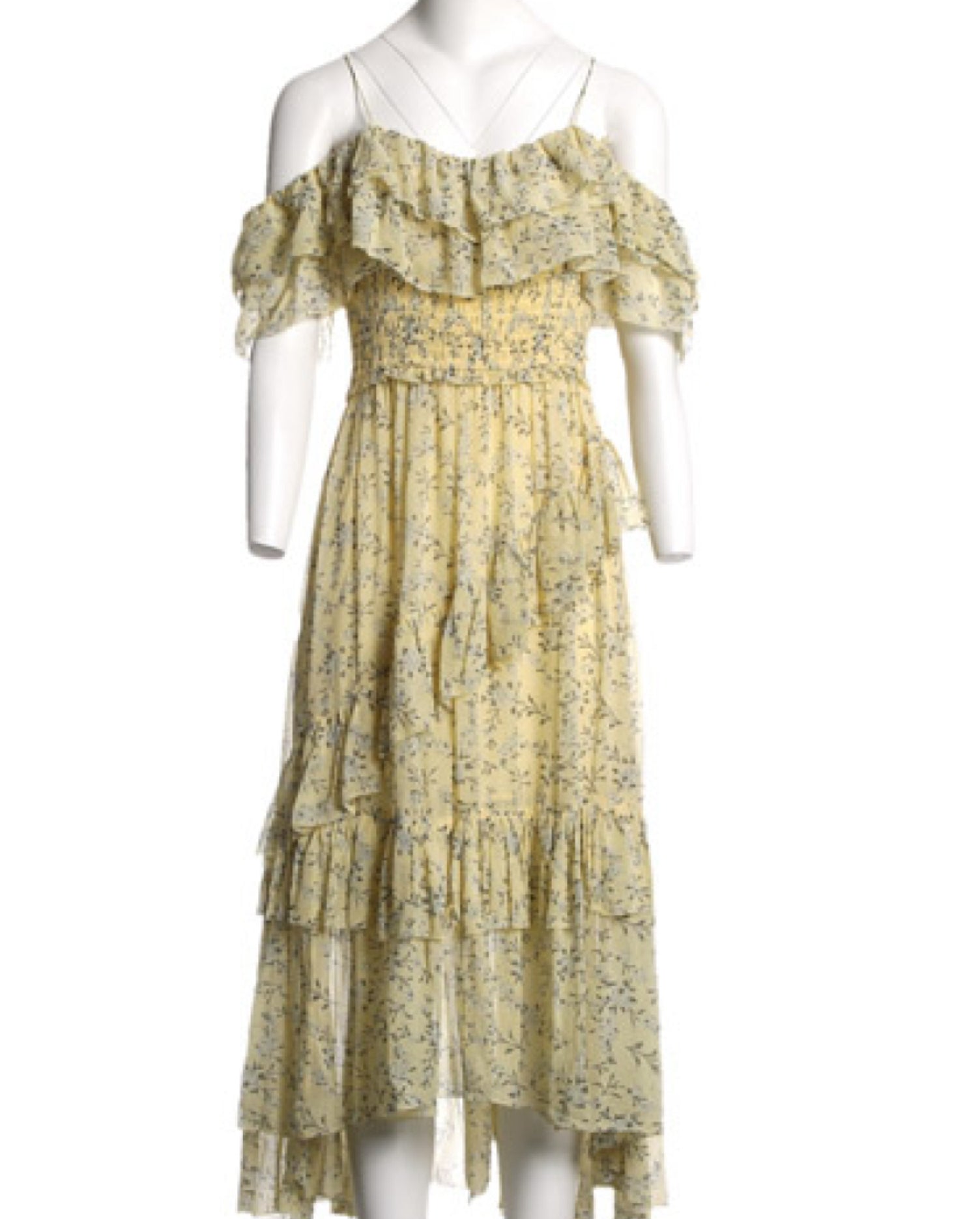 Ulla Johnson Penninah Cold-shoulder Ruffled Floral-print Silk-georgette Dress In Yellow UK 10