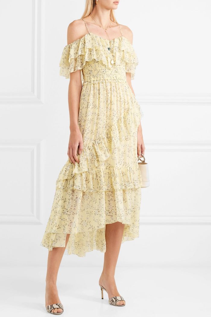 Ulla Johnson Penninah Cold-shoulder Ruffled Floral-print Silk-georgette Dress In Yellow UK 10