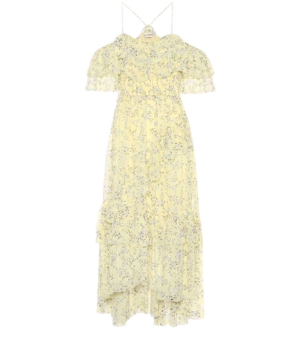 Ulla Johnson Penninah Cold-shoulder Ruffled Floral-print Silk-georgette Dress In Yellow UK 10