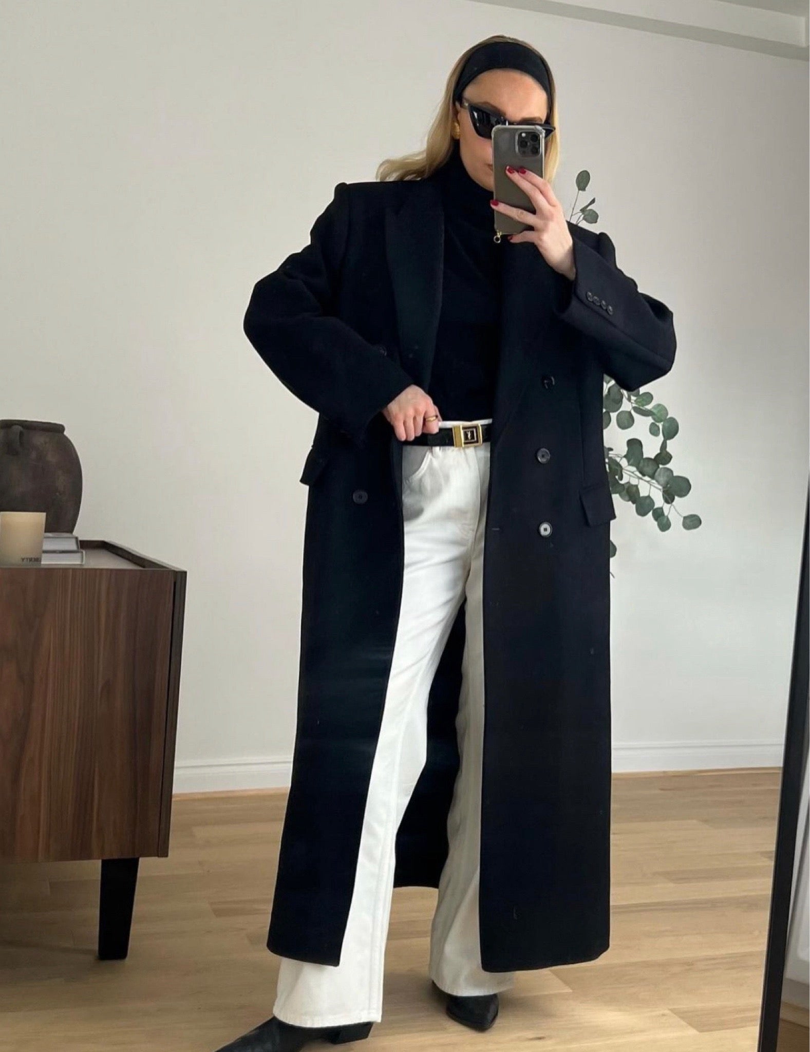 JANE & TASH Black Brushed Wool / Alpaca Blend Straight Fit Trench Coat UK S