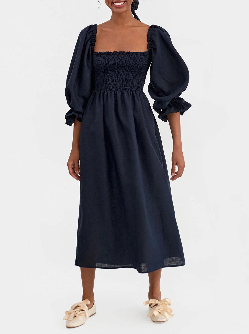 Sleeper Atlanta 100% Linen Midi Dress in Navy UK S