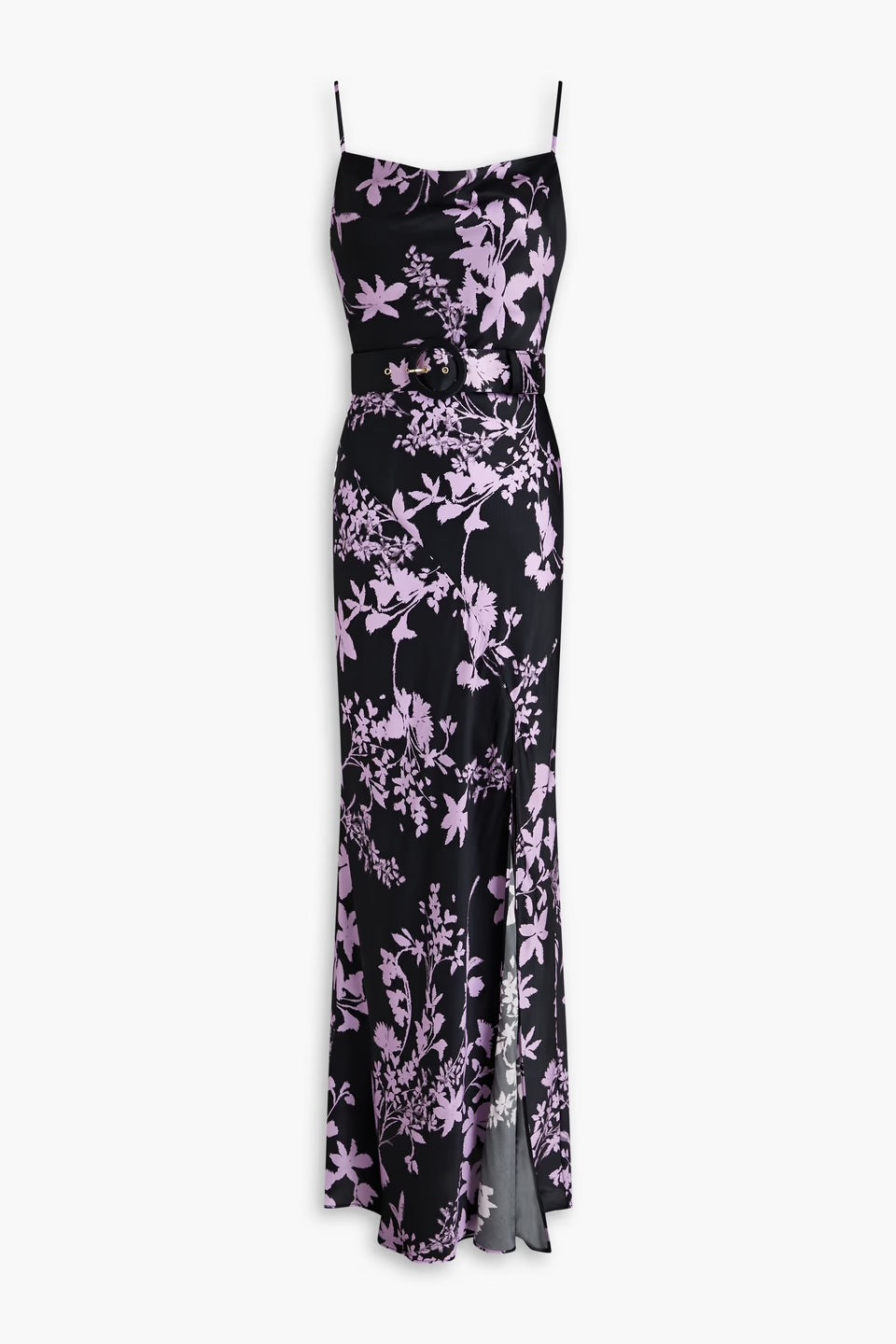 Nicholas Simone Belted Floral-Print Silk-Satin Maxi Dress In Midnight Blue/ Lilac UK 6