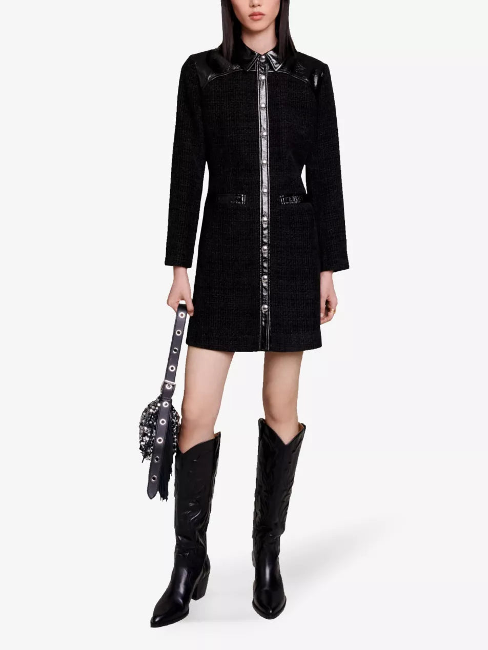 Maje Resun Black Long sleeve tweed mini dressUK 8