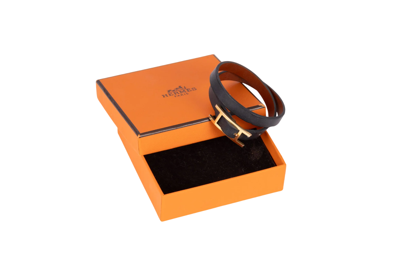 Hermès Reversible Black Noir/Fauve Brown Leather Double Tour Bracelet with Gold Hardware