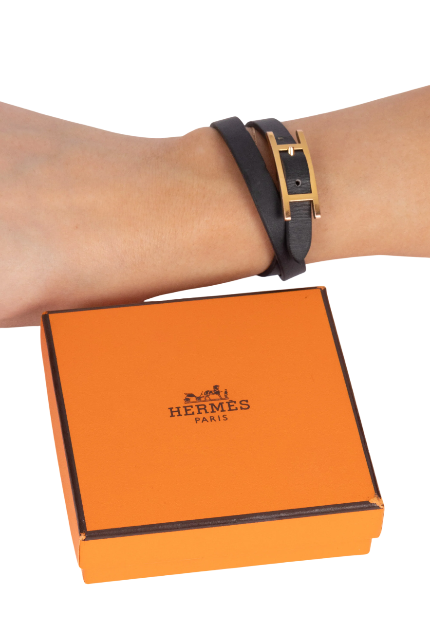 Hermès Reversible Black Noir/Fauve Brown Leather Double Tour Bracelet with Gold Hardware