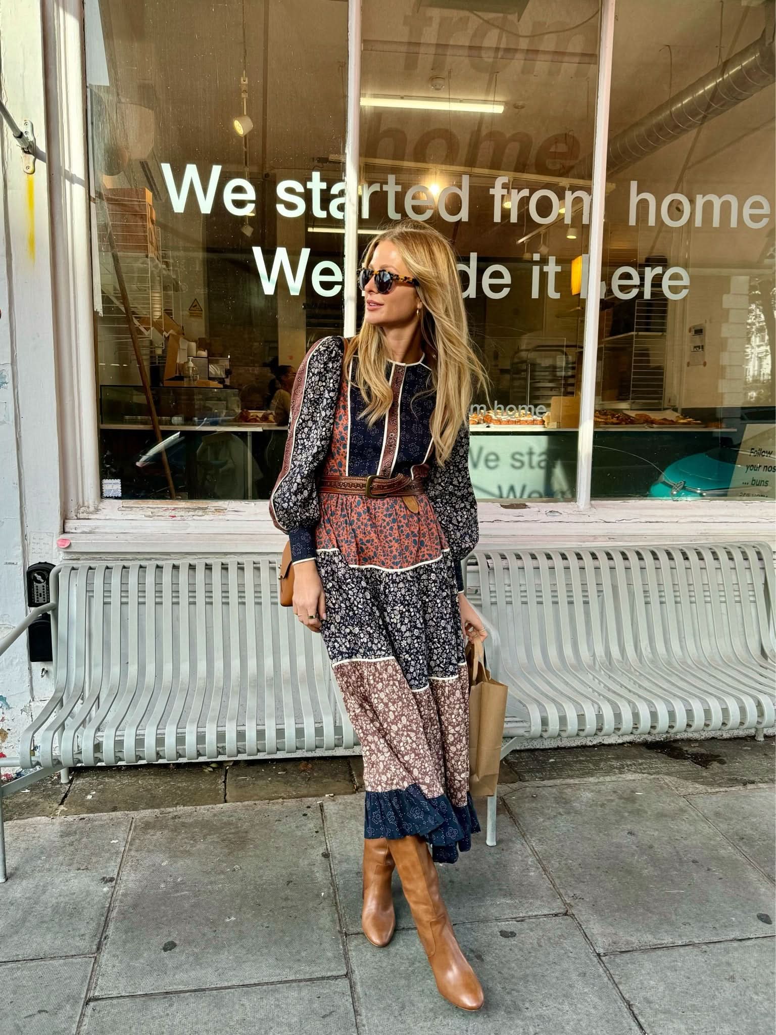 Beulah London Multicoloured Quilted Panel Long Sleeve Floral Midi Dress UK 8