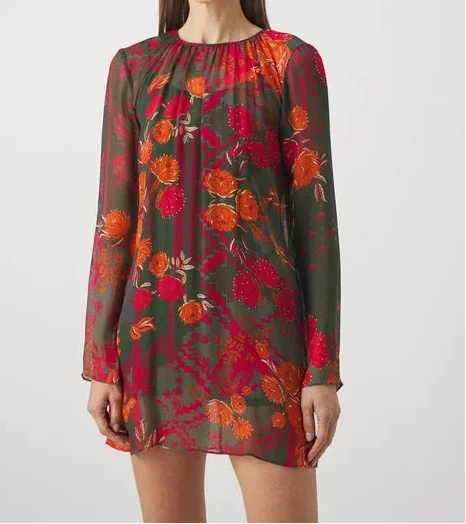 max&co Green floral 100% silk chiffon lined mini Dress UK 6