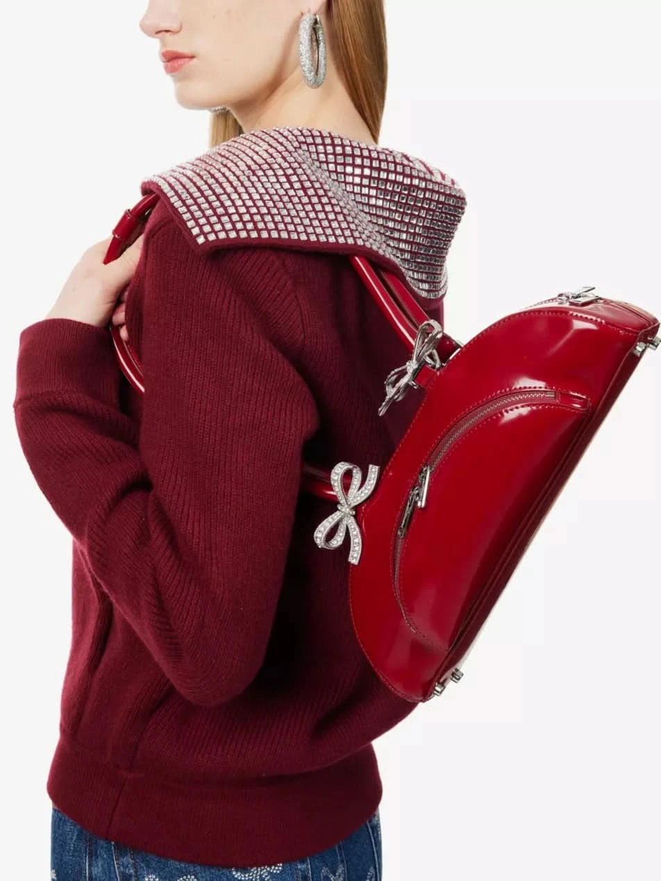 Self-Portrait Red Bow-embellished Curved Leather Shoulder Bag