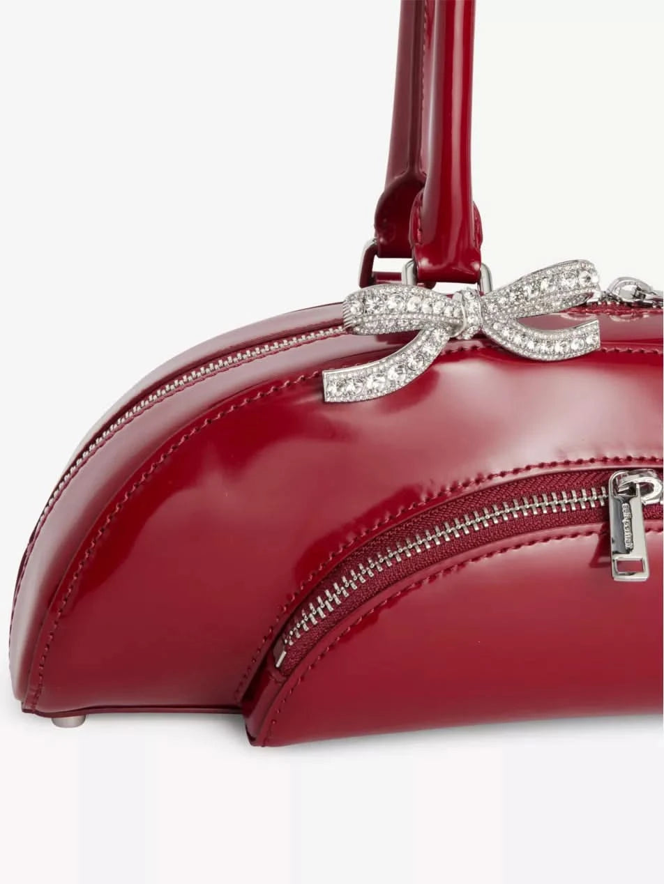 Self-Portrait Red Bow-embellished Curved Leather Shoulder Bag