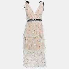 Self-Portrait Metallic Embroidered Mesh Tiered Dress UK 10