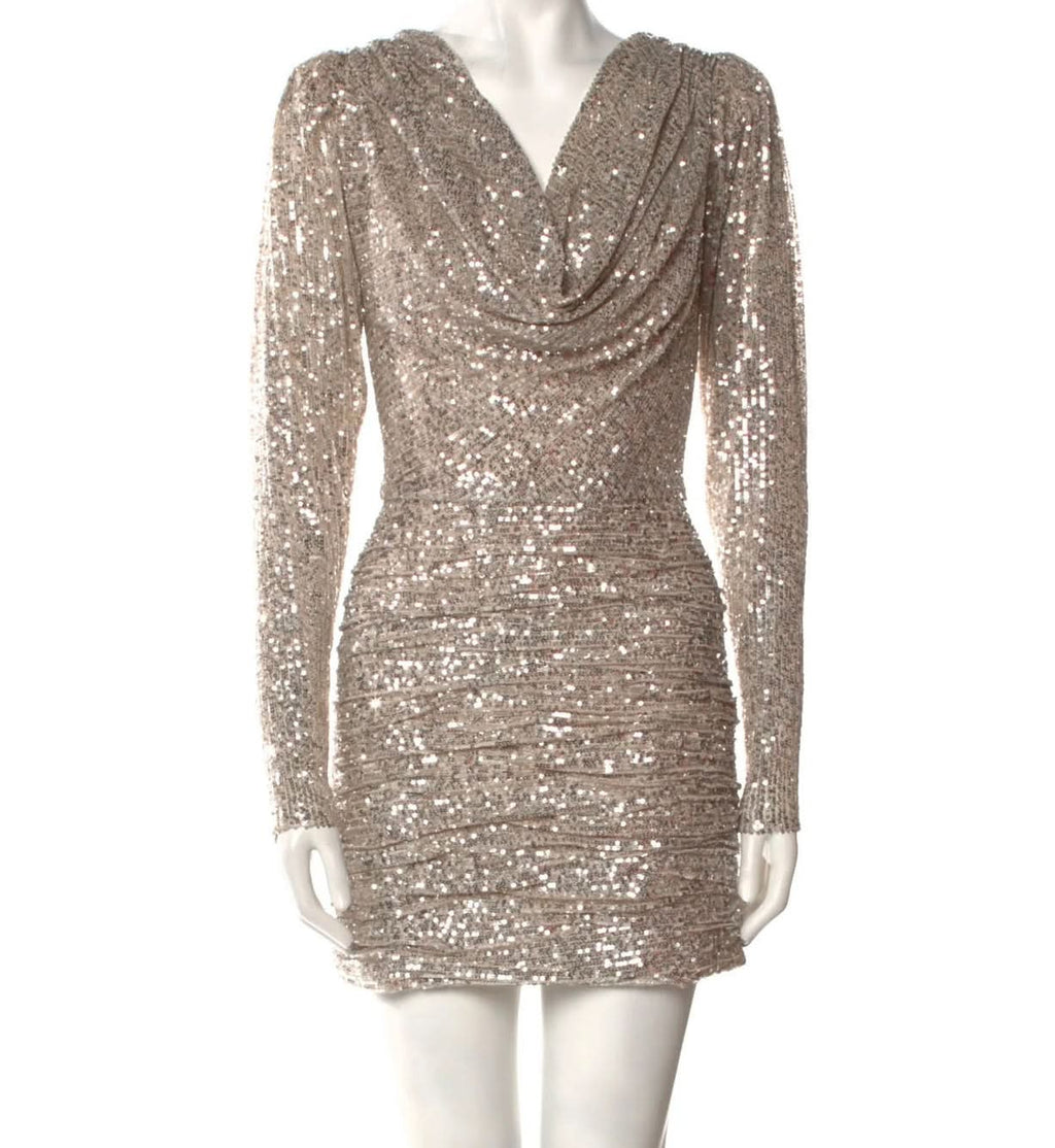 Ronny Kobo Metallic Elena Champagne  Sequin Cowlneck Minidress UK XS