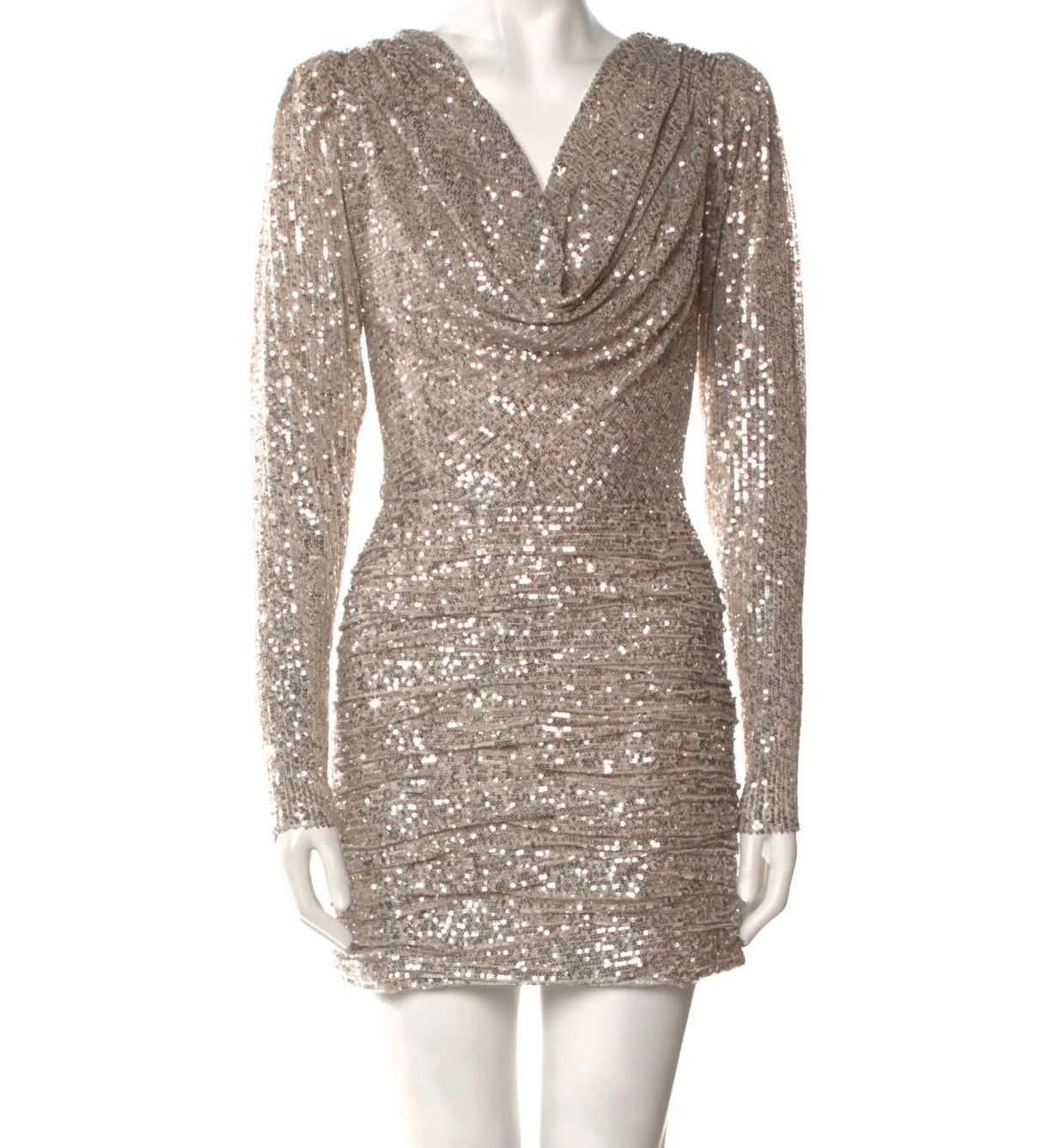 Ronny Kobo Metallic Elena Champagne  Sequin Cowlneck Minidress UK XS