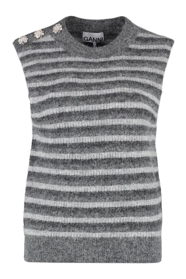 GANNI Grey Alpaca Blend Crystal Button sleeveless knit UK 14