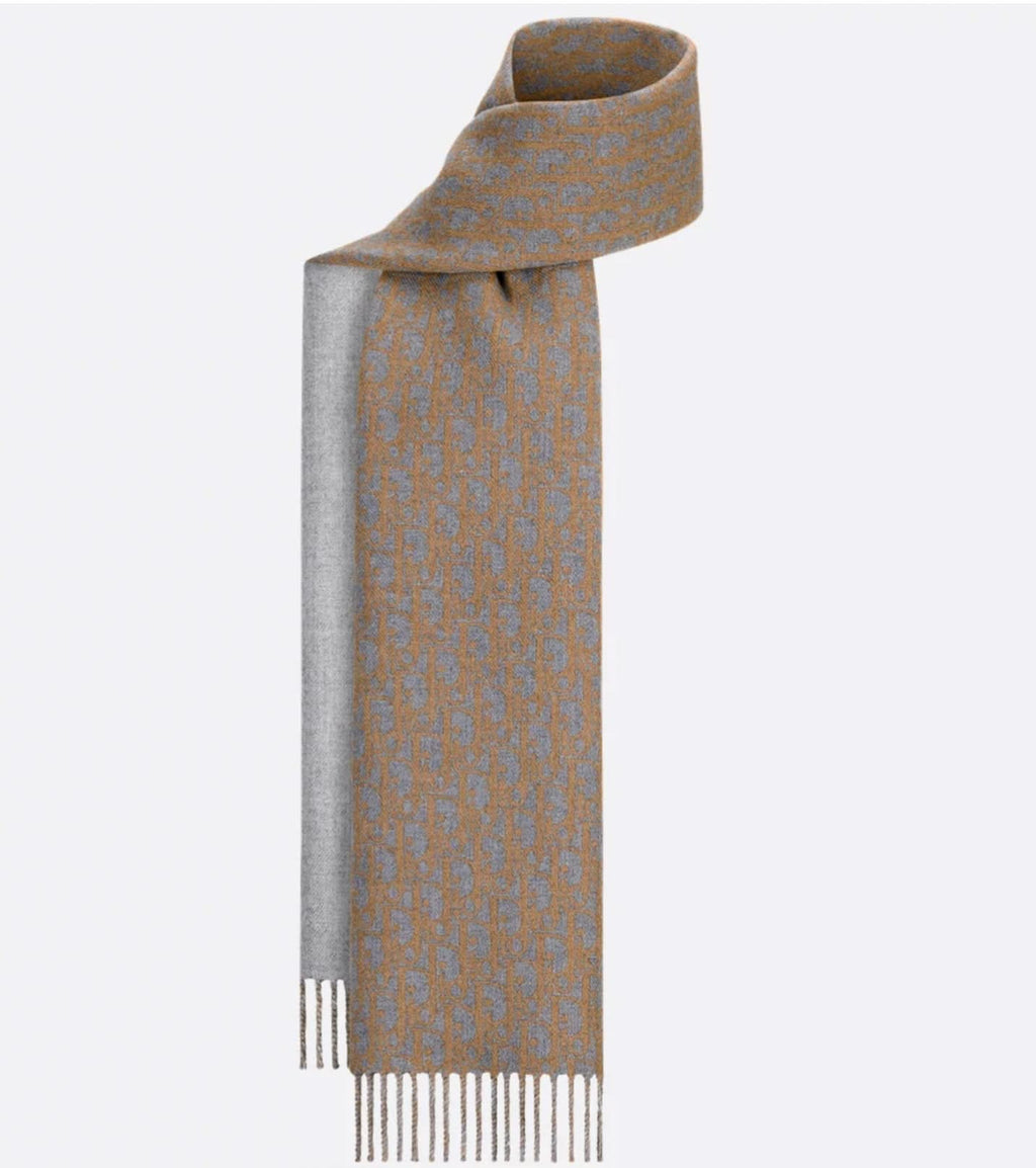 Dior Oblique Double-sided Scarf Grey And Brown Wool And Cashmere