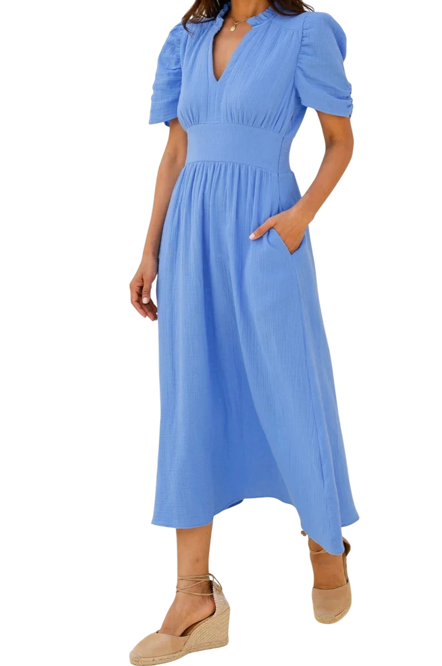 ASPIGA Cornflower Blue Esha Organic Cotton Cheesecloth Dress UK XS/S
