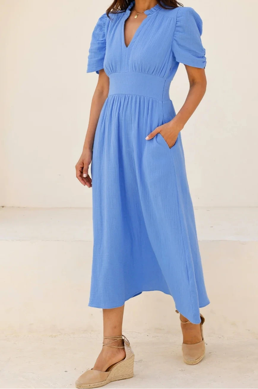 ASPIGA Cornflower Blue Esha Organic Cotton Cheesecloth Dress UK S