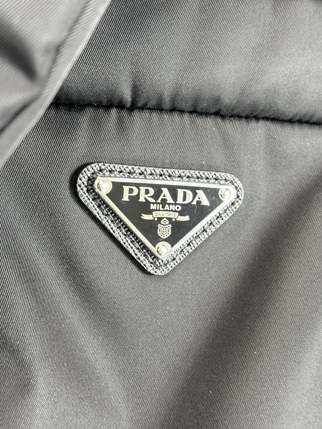 PRADA Black Padded Re-nylon down filled Triangle Logo Puffer Coat with belt UK 4